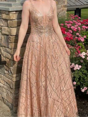 City Triangles Rose Gold/Light Pink Sequin Long Prom Gown